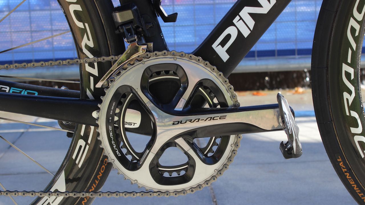 The bike is equipped with a Dura-Ace 9000 crankset