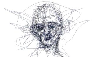 A Fink laser eye drawing of a persons head, face and shoulder on a white background