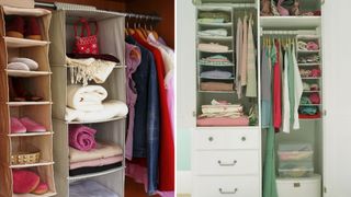 Collage image showing inside two wardrobes to show the use of hanging vertical shelves to show how to organize a small closet with lots of clothes