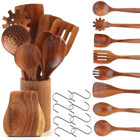 Guirnd 18 Pcs Wooden Spoon for Cooking,high Temperature Non-Stick Teak Wooden Cooking Utensils Set, Smooth Comfortable & Sturdy Durable Wooden Kitchen Utensils for Everyday Baking,cooking