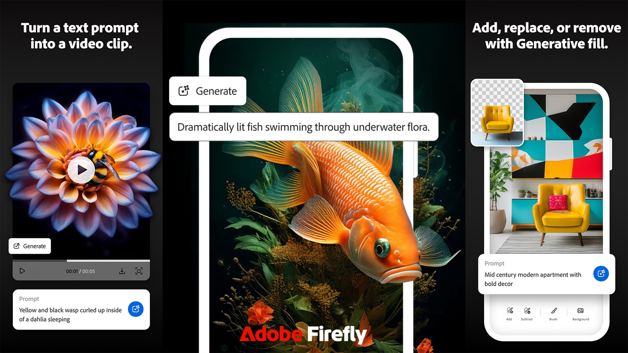 Adobe Firefly App (three images) a flower, goldfish, and yellow chair against a colorful painting. 