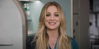 kaley cuoco's cassie bowden smiling in the flight attendant promo video
