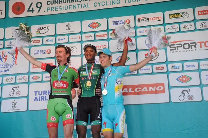 Stage 3 podium (L-R): Mustafa Sayar (Torku Sekerspor), 3rd; Natnael Berhane (Team Europcar) 1st; Kevin Seeldraeyers (Astana), 2nd