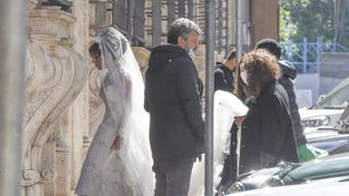rome, italy april 08 lady gaga wearing a wedding dress on the set of house of gucci on april 8, 2021 in rome, italy photo by megagc images