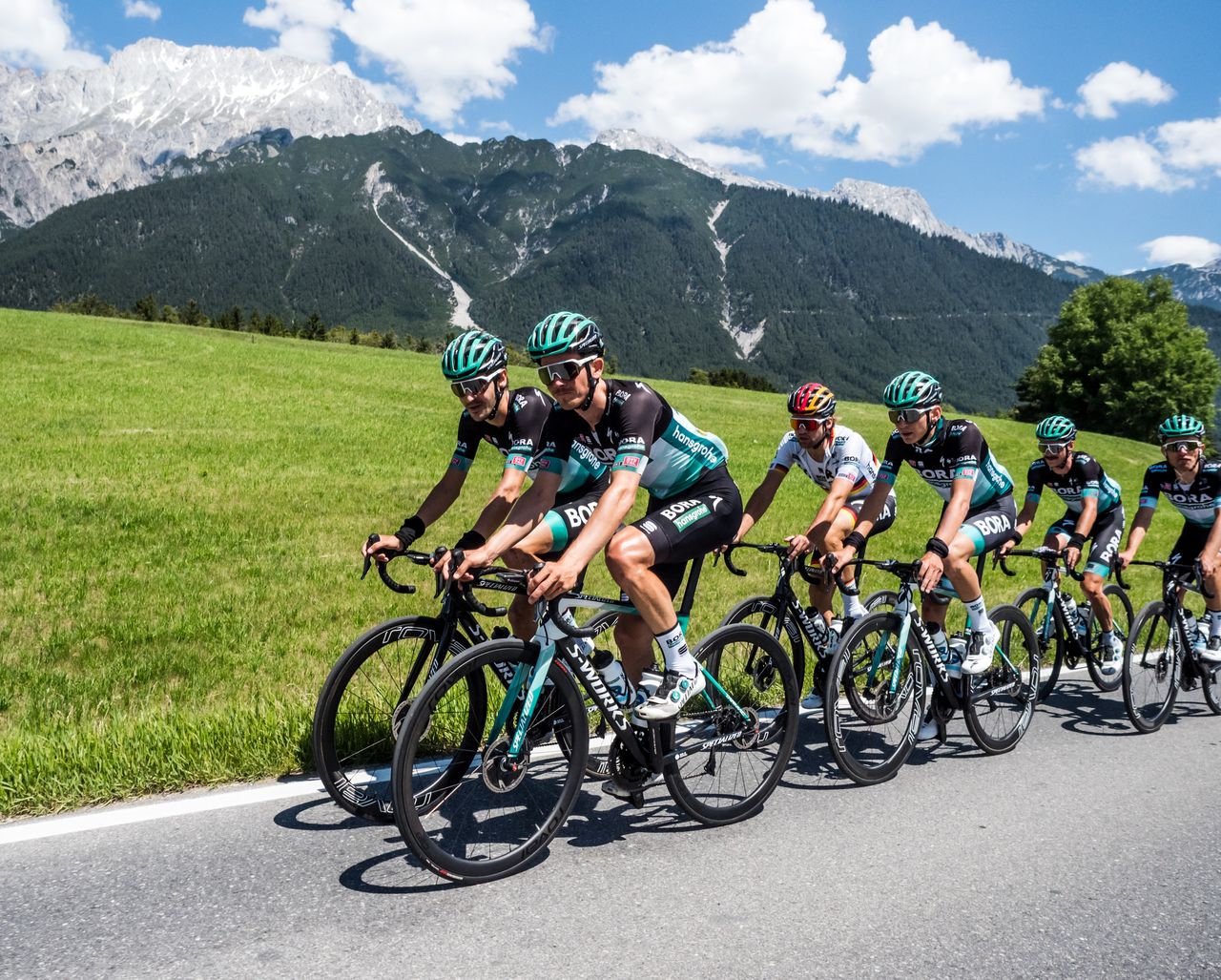 The Bora-Hansgrohe team on the road in Austria.