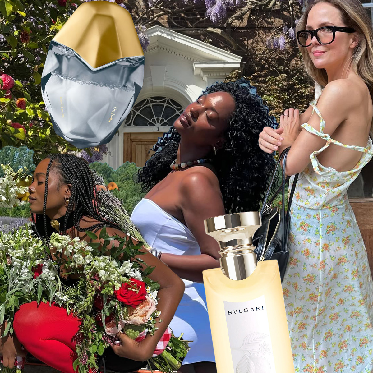 A collage of people in spring and summer outfits and environments, with perfumes layered on top.