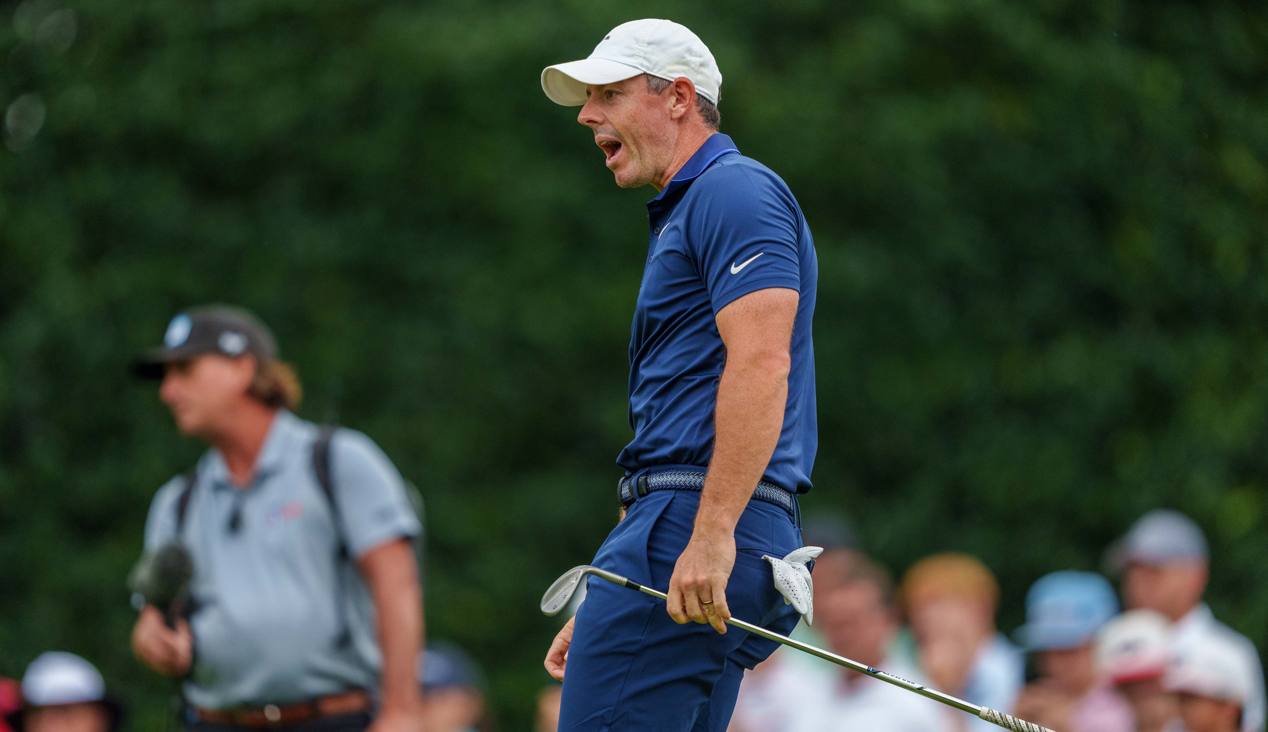 Rory McIlroy shouts at his golf ball