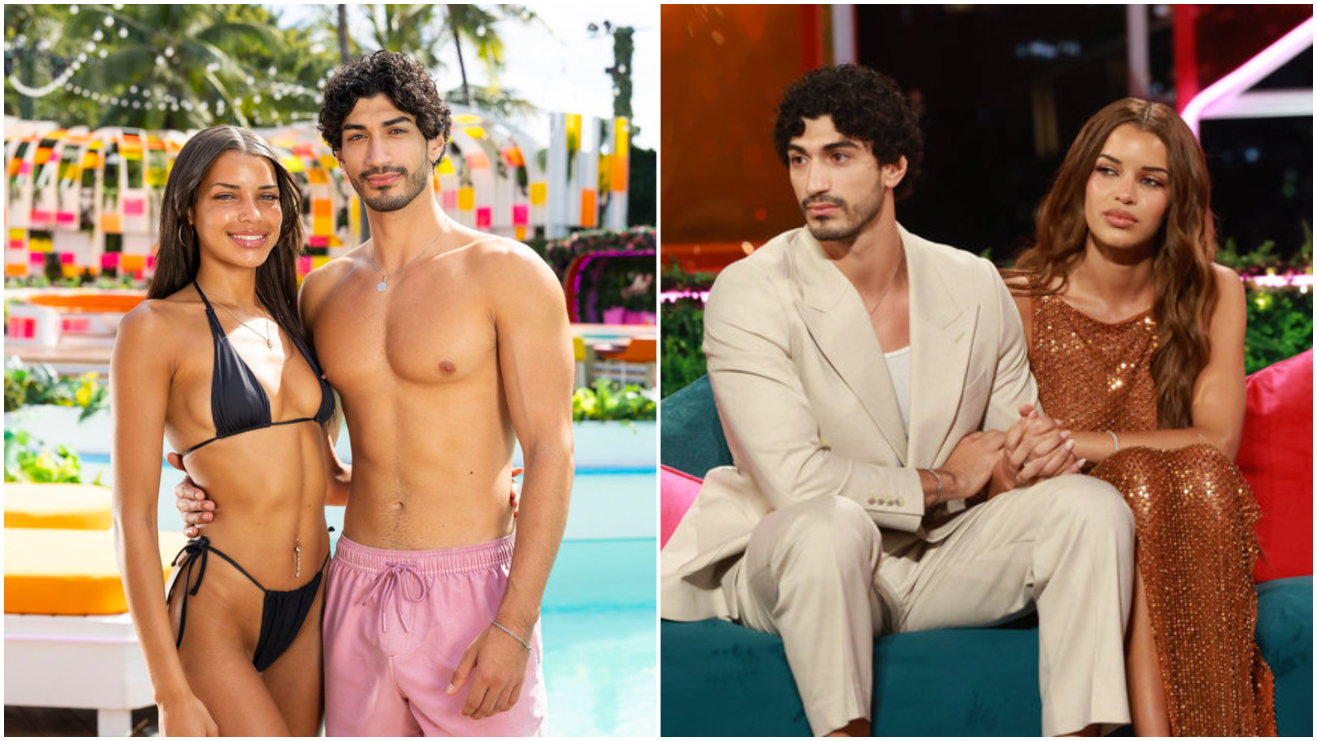 A split image of Kayda Bosse and Zach Georgiou#039;s #039;Love Island USA#039; swimsuit couple portrait, next to the pair sitting on a blue couch in formal wear during the season 8 reunion.