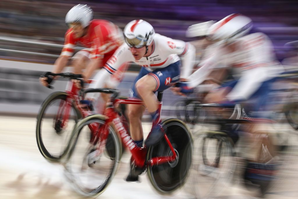 Ethan Hayter in action in the Madison at the 2020 World Championships