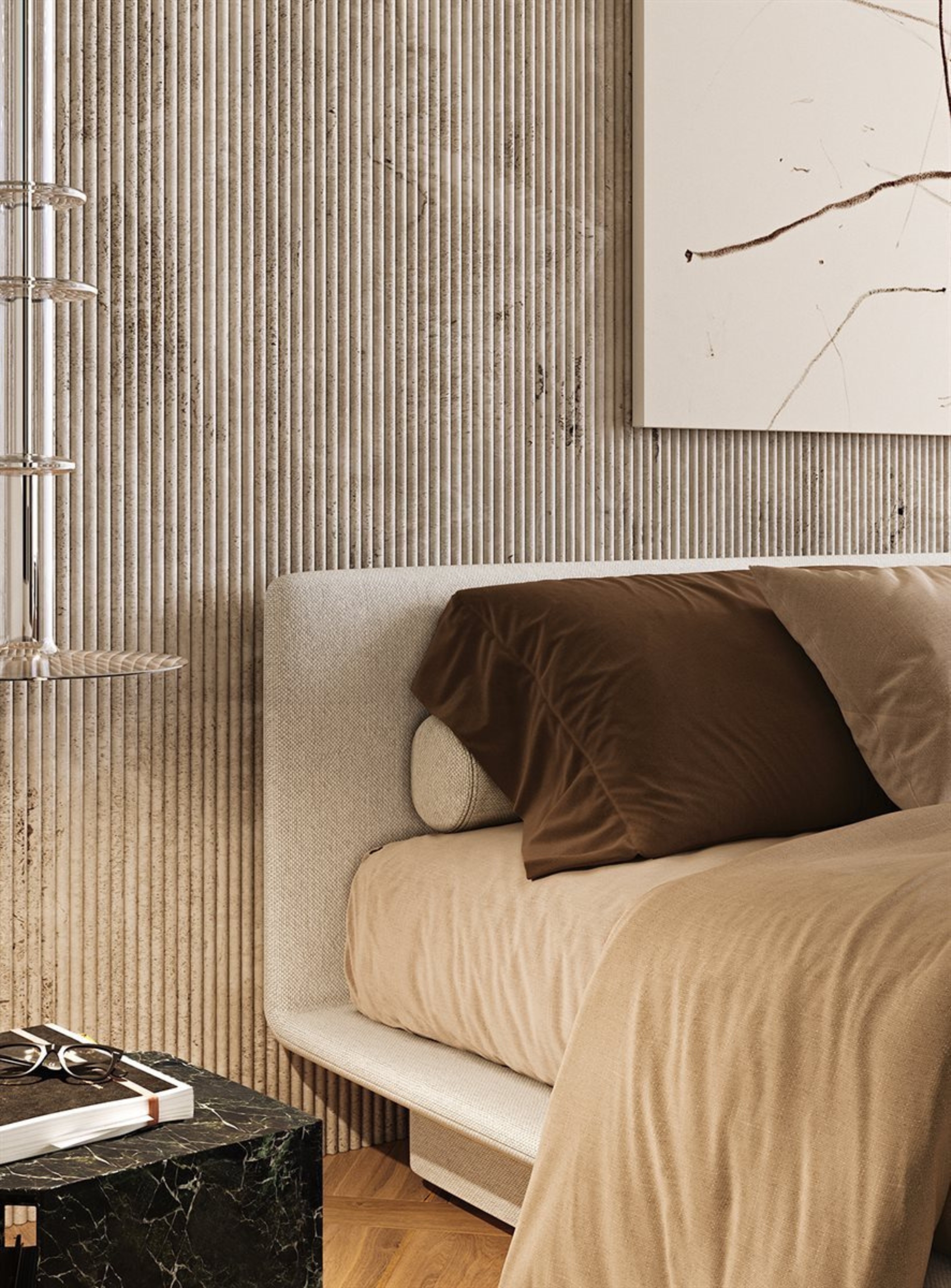 a cream colored bed in a bedroom with a ridged wall paneling