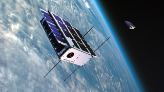 an illustration of a small satellite orbiting the Earth