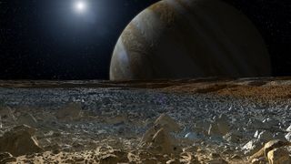 An artist's depiction of Jupiter as seen from the surface of its icy moon Europa.