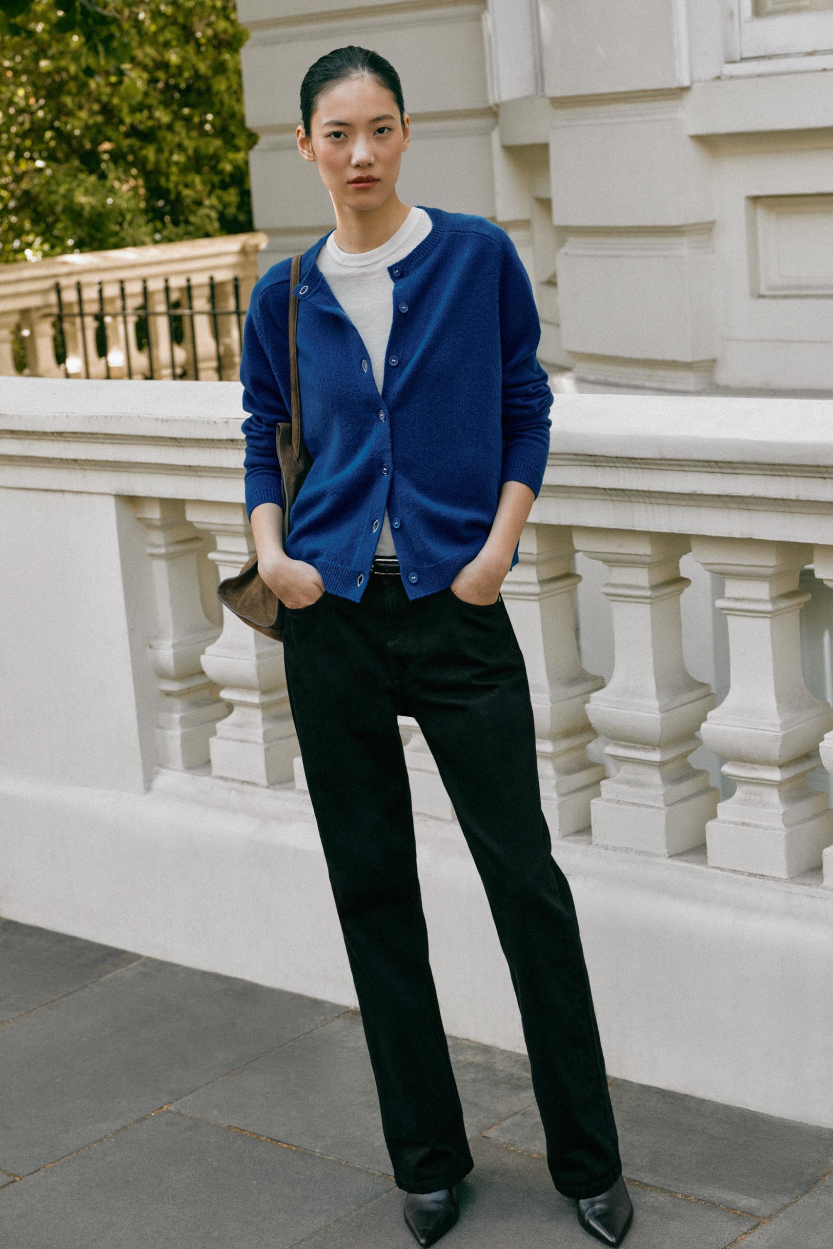 100% Wool Plain Knit Cardigan - Bluish - S
