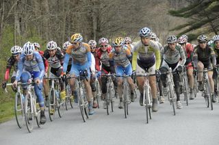 The Tour of the Battenkill peloton tackles one of the course's many climbs just past Cabot Dairy