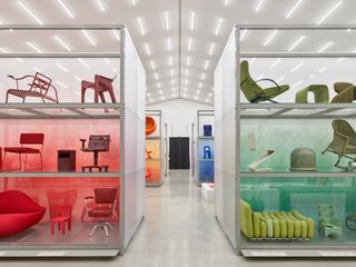 Red and green furniture on shelves, for Colour Rush! installation by Sabine Marcelis at Vitra Design Museum Schaudepot