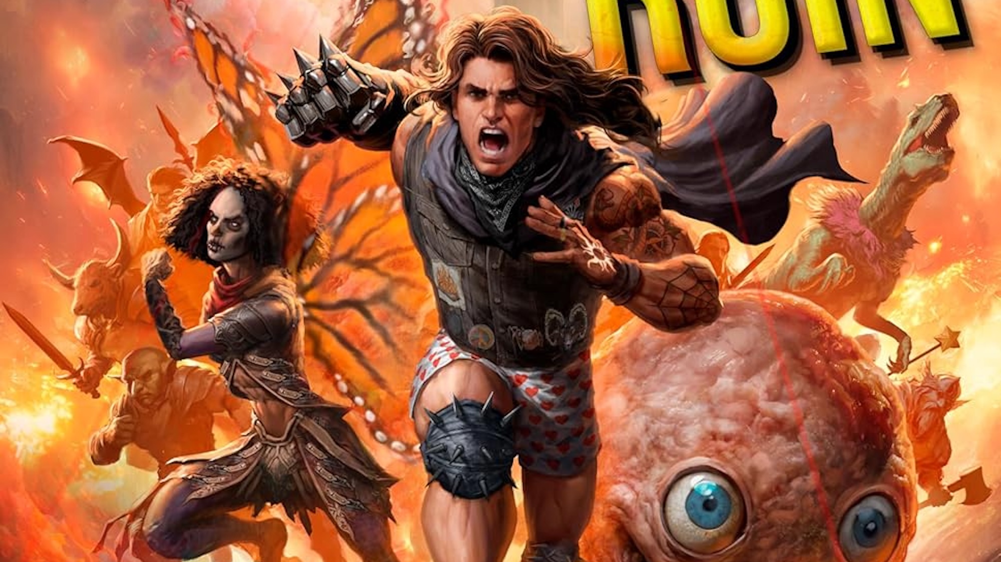 Carl with long hair running on the cover of This Inevitable Ruin from Dungeon Crawler Carl series. 