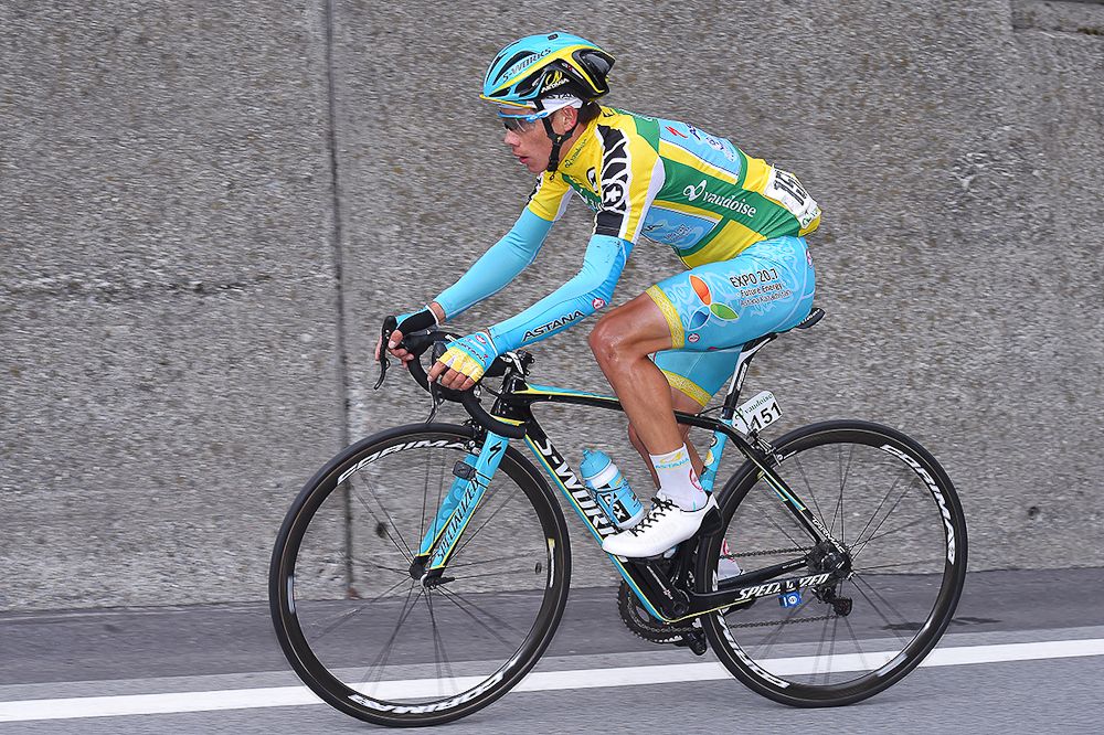 Miguel Angel Lopez in yellow during the final stage at Tour de Suisse