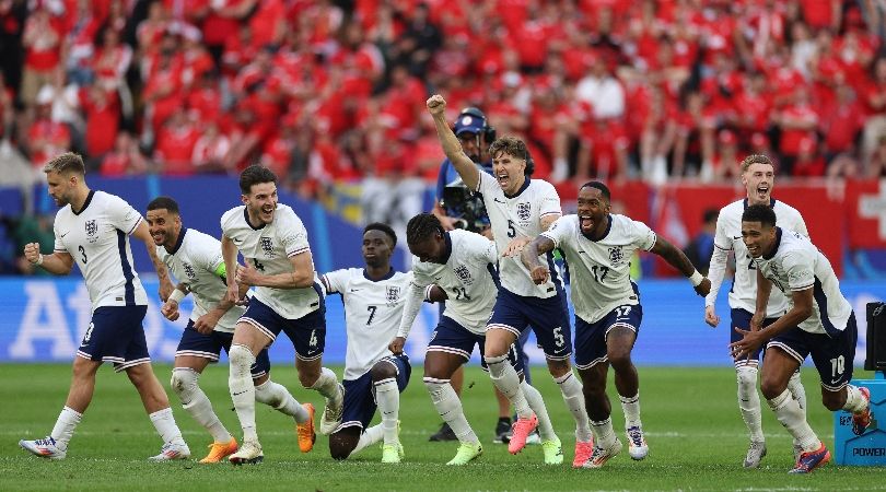 England players celebrate their penalty shootout win against Switzerland at Euro 2024.