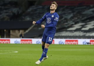 Chelsea’s Timo Werner celebrates scoring his side’s first goal of the game during the Carabao Cup fourth round match at the Tottenham Hotspur Stadium, London