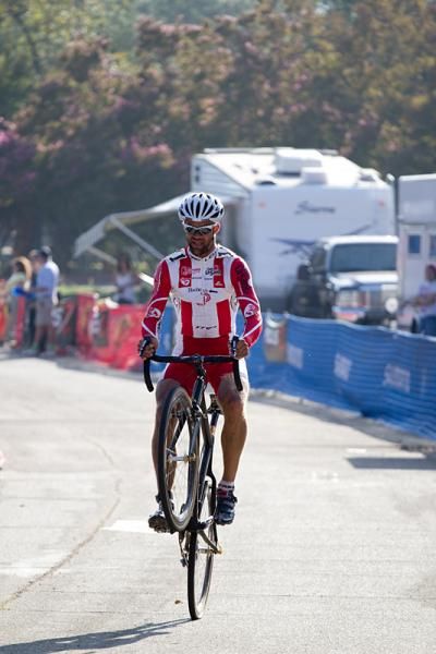Joachim Parbo pops a wheelie as he comes across the line.