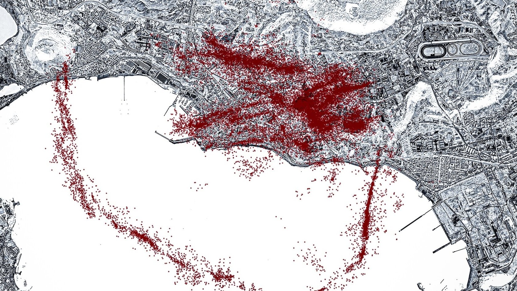 Map showing the locations of previously undetected earthquakes at Campi Flegrei. The earthquakes align along a clear fault shaped like a ring.