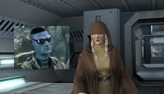 Kreia from KOTOR 2 standing next to a superimposed avatar Na'Vi wearing Oakley's