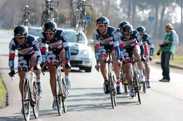 The distinctive colours of Lotto Belisol during the team time trial.