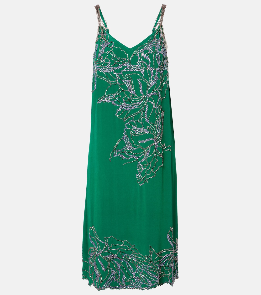 Beaded Silk Slip Dress in Green - Dries Van Noten