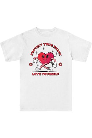 galentine's day gift ideas - t-shirt with red heart walking down the road, text reads protect your heart love yourself