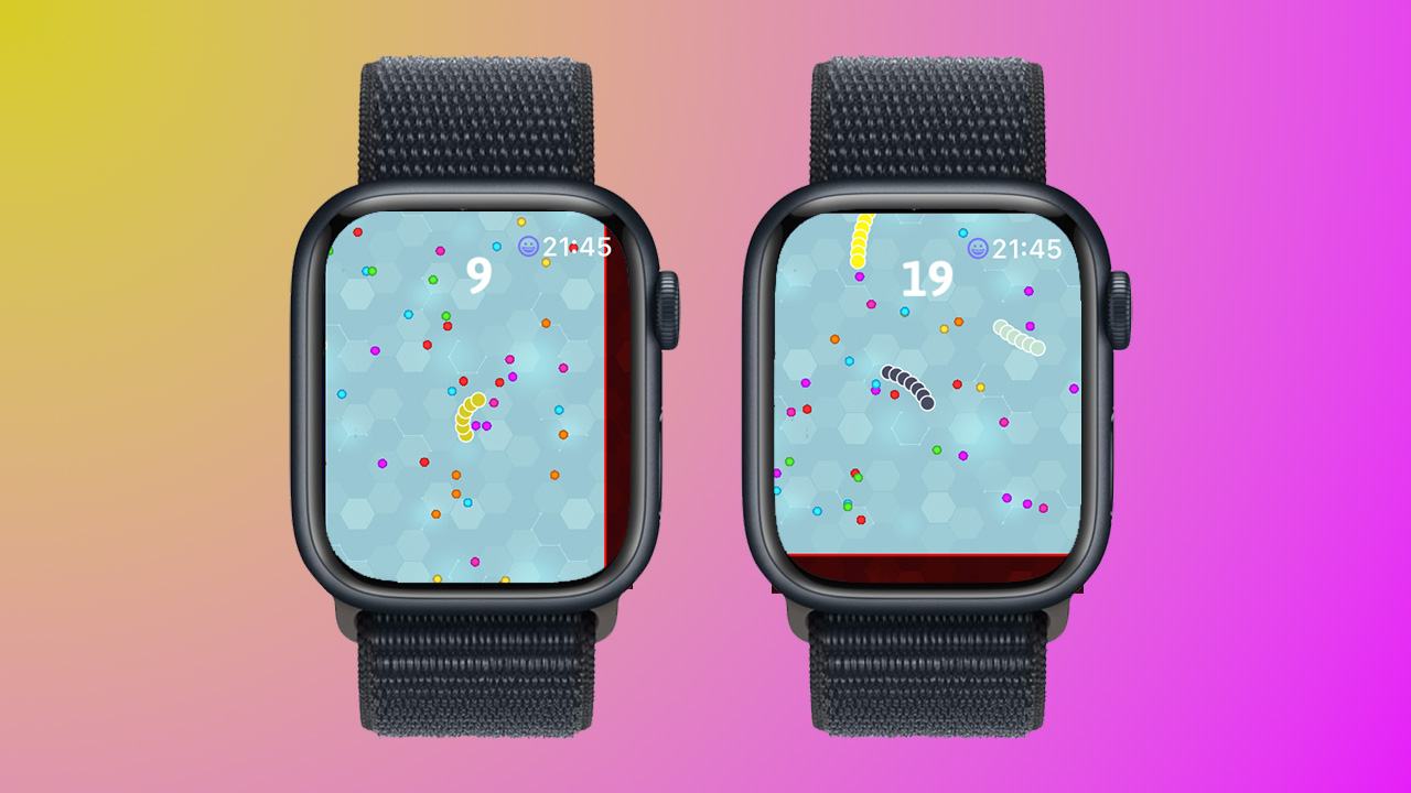 Screenshots of the Snake.io app on Apple Watch