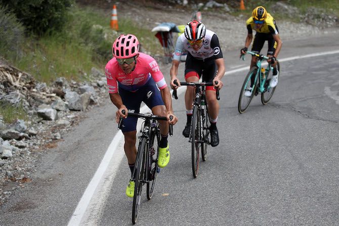 Sergio Higuita (EF Education First) leads eventual stage winner Tadej Pogacar (UAE Team Emirates) and Jumbo-Visma's George Bennett on Mount Baldy during stage 6 of the 2019 Tour of California