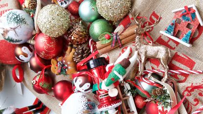 Pile of Christmas decorations and baubles on Santa sack