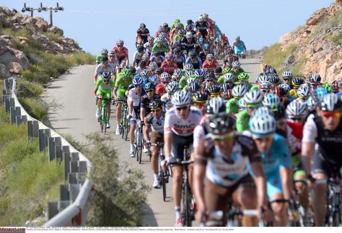 The Tour of Oman peloton in action during stage 3 from Bank Muscat to Al Bustan