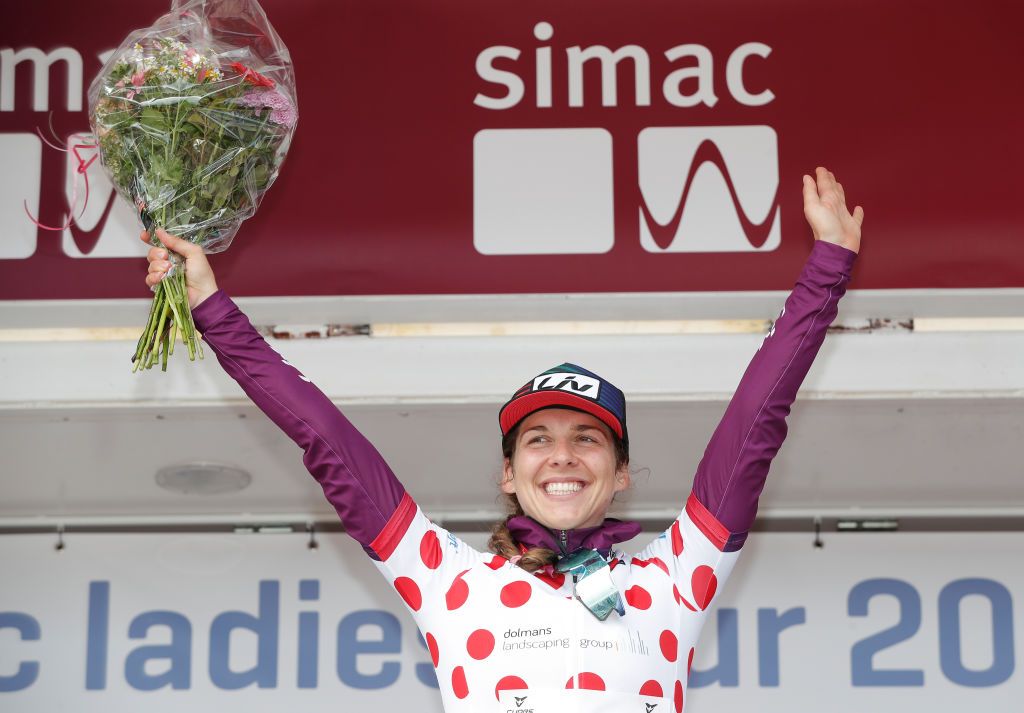 WEERT NETHERLANDS AUGUST 27 Alison Jackson of Canada and Team Liv Racing celebrates winning the polka dot mountain jersey on the podium ceremony after the 23rd Simac Ladies Tour 2021 Stage 3 a 1259km stage from Stramproy to Weert SLT2021 UCIWWT on August 27 2021 in Weert Netherlands Photo by Bas CzerwinskiGetty Images