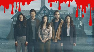 Five people stand in front of a house with blood dripping down 