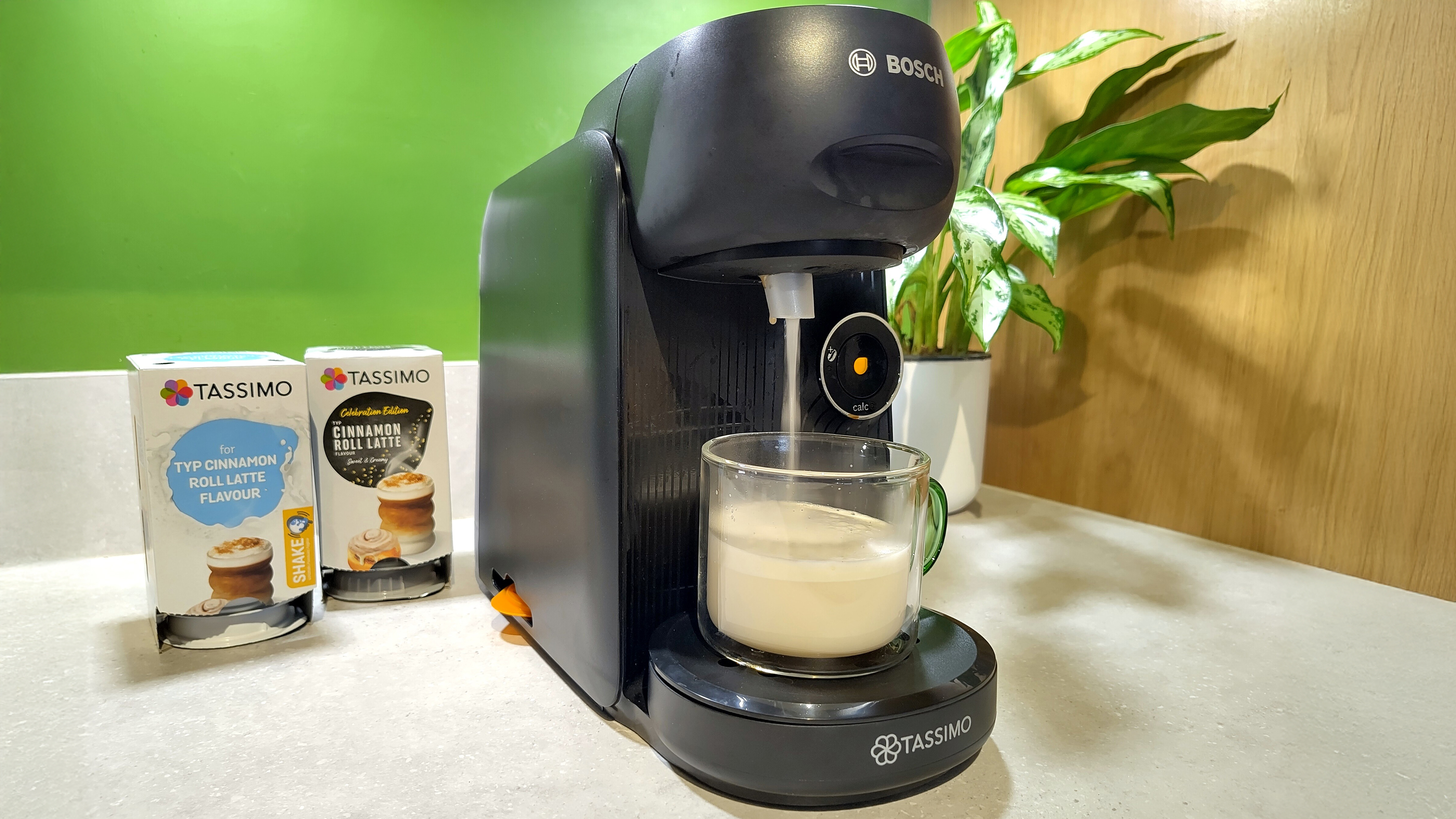 Bosch Tassimo Finesse Friendly coffee maker dispensing steamed milk