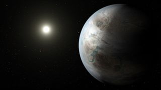 An artist's concept of the alien planet Kepler-452b, the first near-Earth-size alien planet to be discovered in the habitable zone of a sunlike star. NASA unveiled the exoplanet discovery on July 23, 2015.