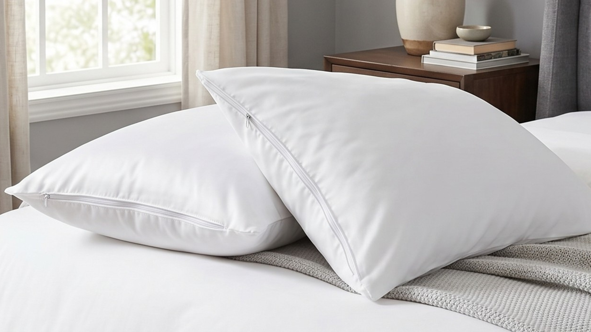 Two pillows with white zip-up pillow protectors on a bed