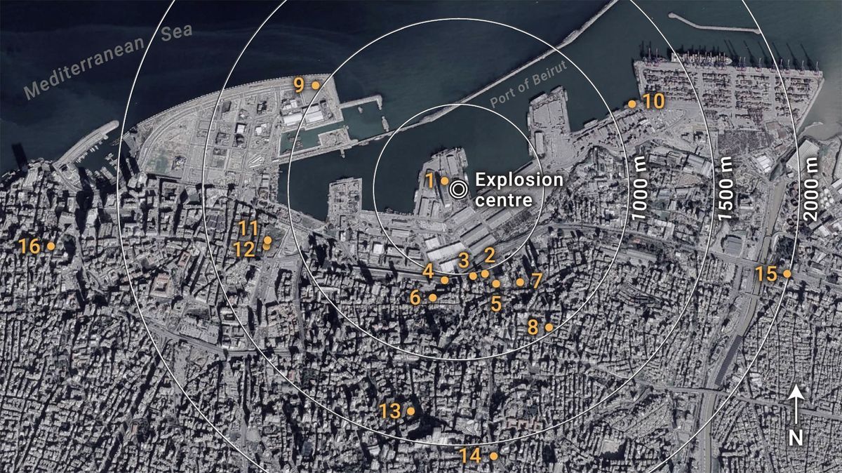 Preliminary yield estimation of the 2020 Beirut explosion using video footage from social media. Numbers indicate filming locations of the 16 videos used to estimate the yield of the 2020 Beirut explosion. Satellite imagery from Google Earth (Jan. 2020).