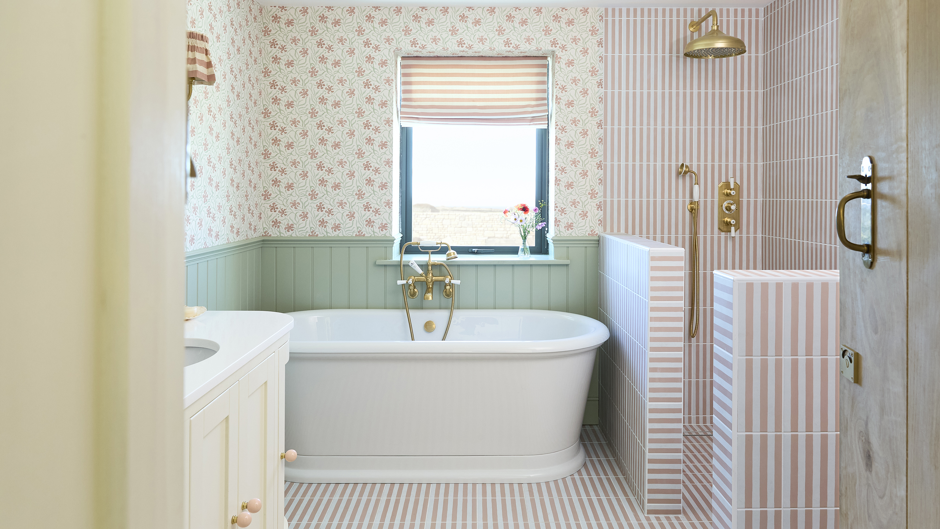 Ca' Pietra pink and white striped tile wet room