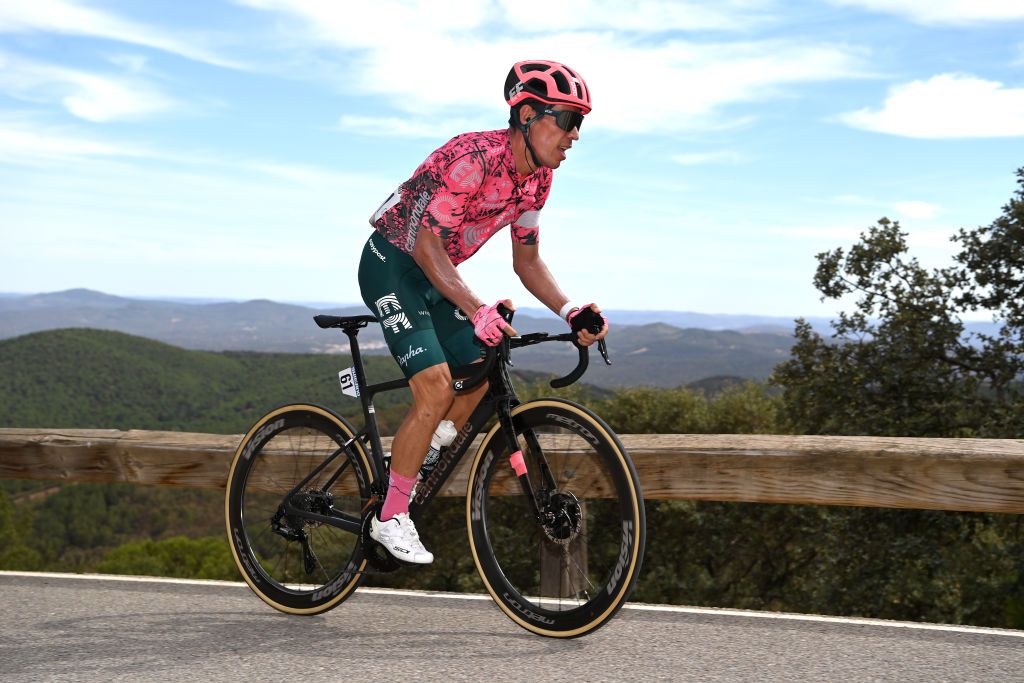 MONASTERIO DE TENTUDA SPAIN SEPTEMBER 07 Rigoberto Uran Uran of Colombia and Team EF Education Easypost competes in the breakaway during the 77th Tour of Spain 2022 Stage 17 a 1624km stage from Aracena to Monasterio de Tentuda 1095m LaVuelta22 WorldTour on September 07 2022 in Monasterio de Tentuda Spain Photo by Justin SetterfieldGetty Images