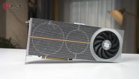 A screenshot of a video by YouTube channel chaowanke, showing a Lisuan LX 7G100 graphics card resting on a desk
