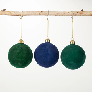 Blue and green flocked ornaments