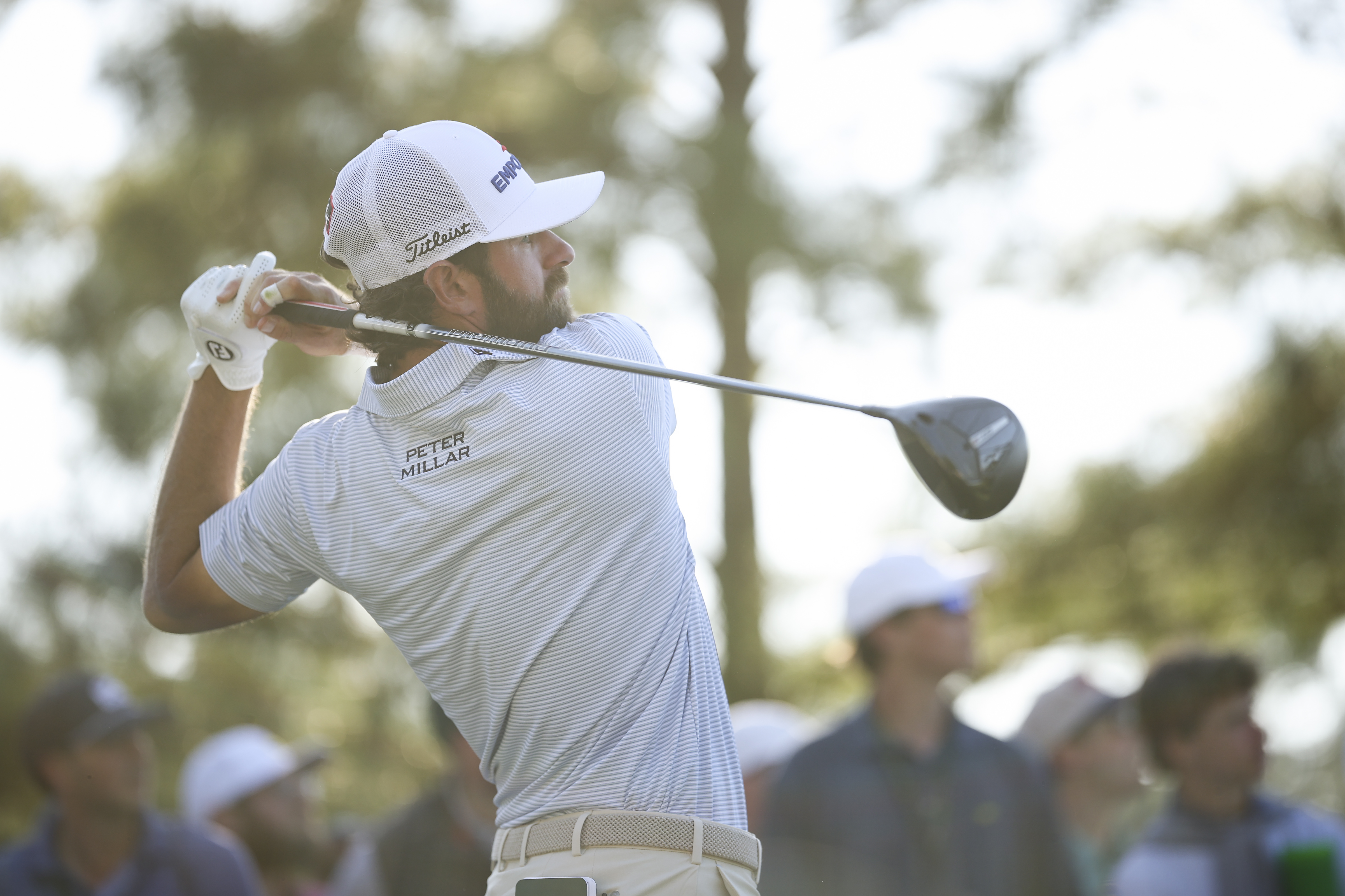 Cameron Young plays his shot from the 18th tee during the third round of the 2026 Masters Tournament at Augusta National Golf Club