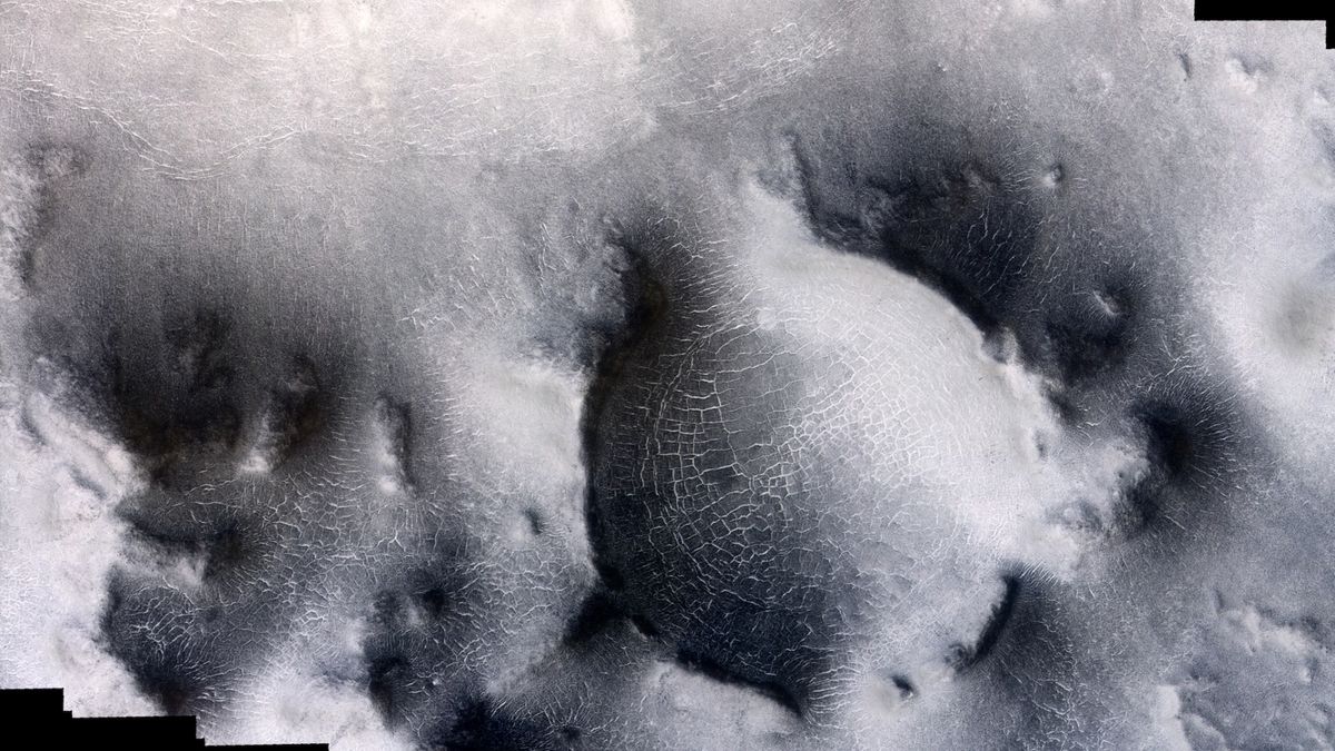 A satellite view of of a frozen, bulbous landscape