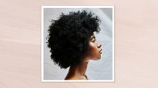 The side profile or a woman with curly Afro hair, standing in front of a white sheet background/ and featured in a pastel pink template