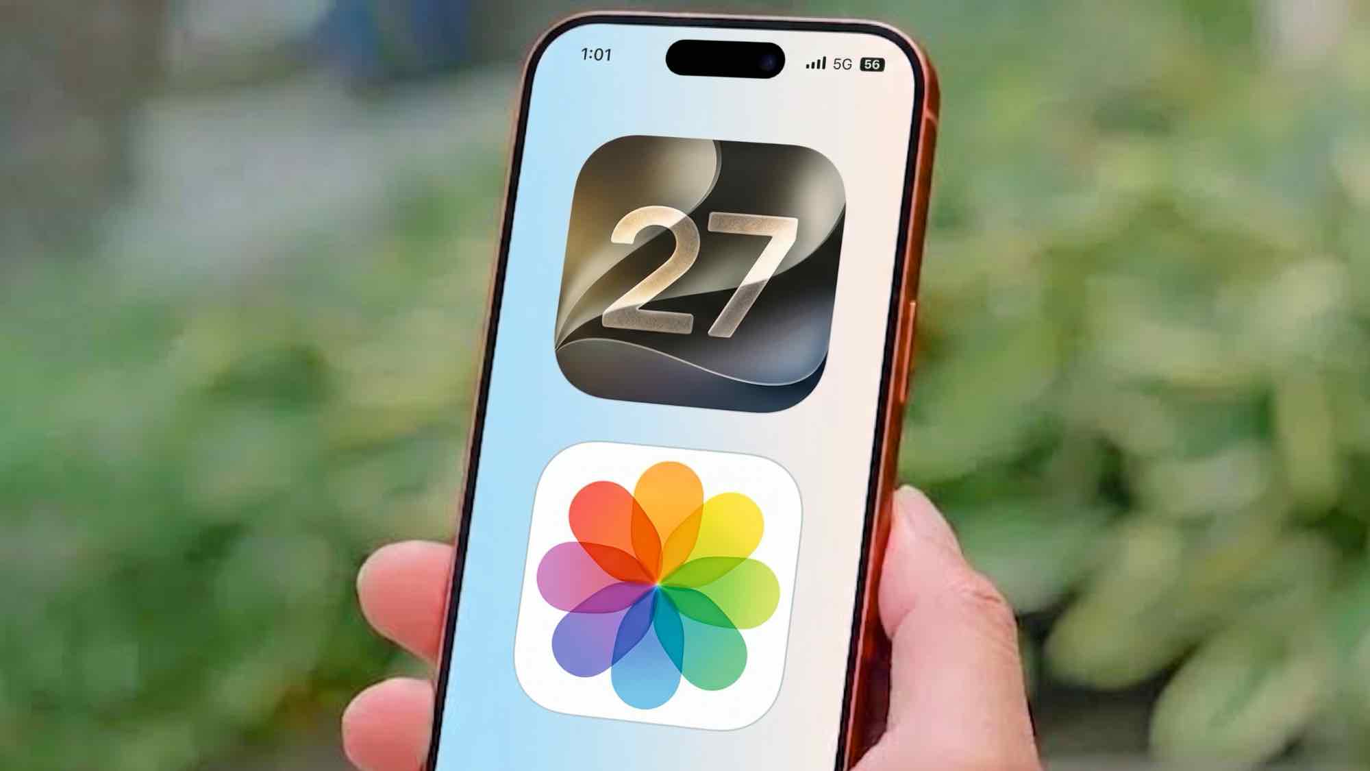 iOS 27 logo and Photos logo on iPhone