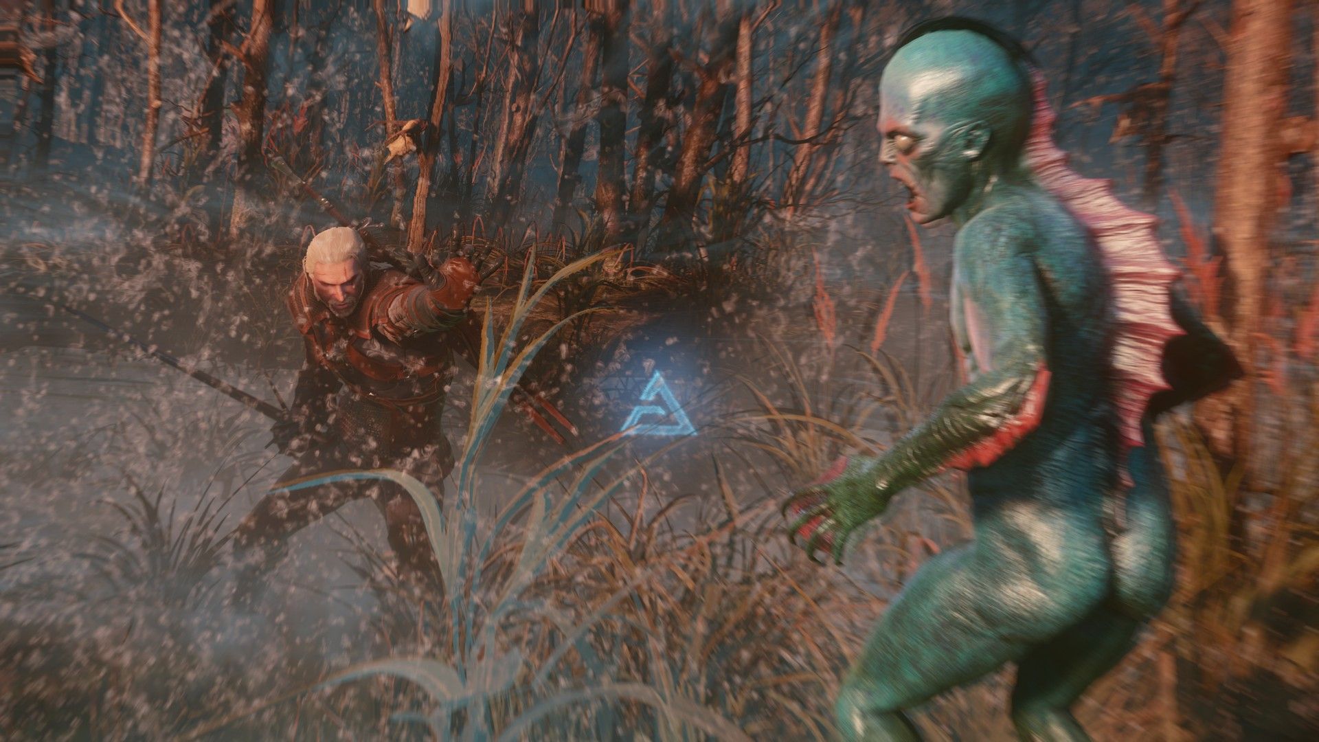 Geralt uses a force sign in combat in The Witcher 3 Wild Hunt Remastered on Xbox, blurring the screen as water splashes towards a drowner