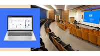 A laptop running C2G cloud software superimposed over a presentation space. 