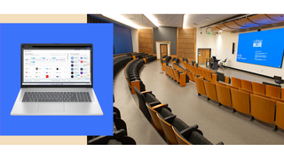 A laptop running C2G cloud software superimposed over a presentation space.